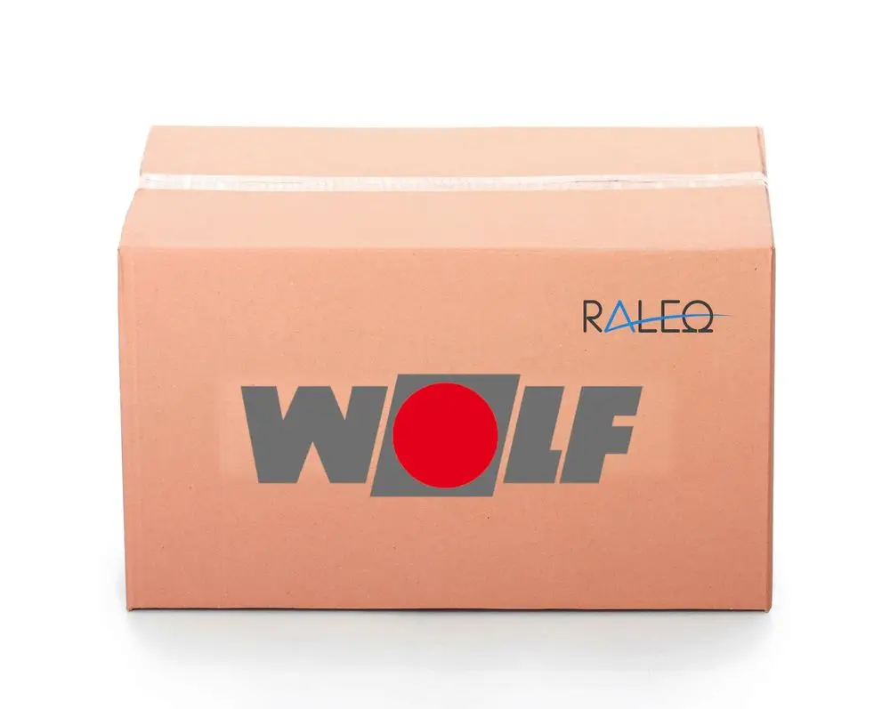 Brauner Karton mit dem Logo "WOLF" und der Aufschrift "RALEO". Der Karton ist versiegelt und enthält wahrscheinlich Produktkomponenten oder Zubehör.